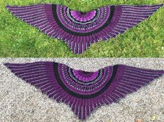 two pictures of purple crocheted shawls on the ground