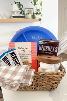 a basket filled with snacks sitting on top of a table