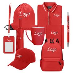 a set of red items including a backpack, hat, mug, pen and name tag