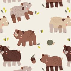 an animal themed wallpaper with brown bears and other animals on it's white background