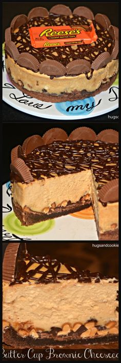 a chocolate and peanut butter pie with one slice cut out on a cake platter