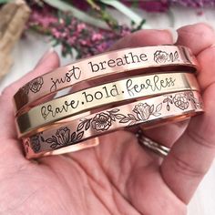 Customized Copper or Brass BraceletRose gold | Etsy Jewelry Book, Remembrance Necklaces, Motivational Jewelry, Coordinates Bracelet, Mantra Bracelet, Message Bracelet, Western Accessories