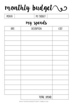 a printable budget sheet with the words,'my budget spend'and an image of