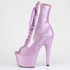 7" High Heel, 2 3/4" Platform Lace Up Ankle Boots. Peep Toe Front And Inner Side Zipper Closure. Lilac Purple Glitter Faux Patent Leather. Styles: Clubbing Party Formal Dance Roda-1021gp Glamorous High Ankle Heels For Spring, Spring Glamorous Platform Boots, Glamorous Spring Platform Boots, Purple Platform Party Boots, Purple Ankle Boots For Party, Purple Platform Boots For Party, Purple Ankle-high Party Boots, Purple Ankle-high Boots For Party, Purple Ankle-high Heels