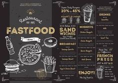 the menu for fast food restaurant on blackboard with chalk writing and hand drawn lettering