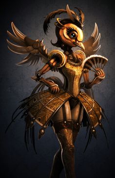 a woman dressed in gold and black with wings