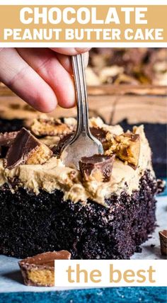 the best chocolate peanut butter cake recipe is in front of a blue background with text overlay