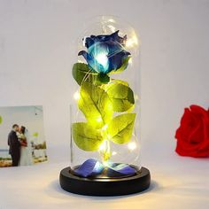 a blue rose in a glass dome with some lights around it on a table next to a red rose