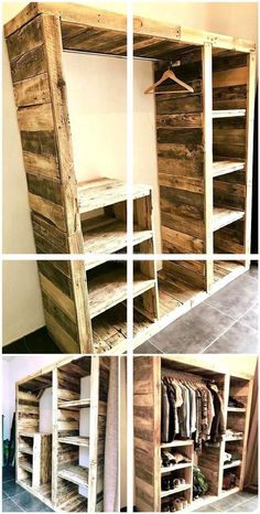 some shelves made out of pallet wood with clothes hanging on the top and bottom