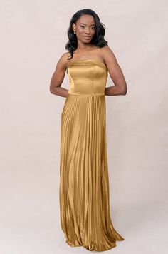 Model: April; Size: 4; Color: Gold Vibrant Bridesmaids, Satin Pleated Dress, Elevated Wedding, Floral Satin Dress, Pleated Satin Dress, European Garden, Bra Cups, Fold Over, Straight Cut