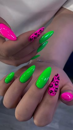 Nails Neon Pink And Orange, Pink And Green Nails Design Color Combos, Pink And Green Neon Nails, Bright Green Nail Ideas, Lime Green And Hot Pink Nails, Nail Ideas 2024 Trend Summer, Green Summer Nails 2024, Neon Cheetah Print Nails, Hot Pink Zebra Nails