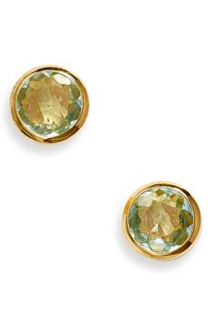 The simple but stylish stones on these 22-karat gold-plated studs take any outfit from nice to knockout in a flash. 3/8" diameter Post back 22k-gold plate/crystal quartz, prasiolite (green amethyst), moonstone, blue topaz or labradorite Made in Canada | Dean Davidson Signature Midi Knockout Stud Earrings Classic Gold Earrings With Gemstone Accents, Gold Earrings With Gemstone Accents, Green Amethyst, Keep Jewelry, Crystal Quartz, 22k Gold, Print Gifts, Blue Topaz, Quartz Crystal