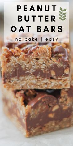 no bake peanut butter oat bars stacked on top of each other with text overlay