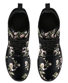 Title: Black Floral Pattern, Boots,  Womens Fashion, Vegan, Shoes Leather, Combat , Custom. Casual, Bohemian, Cowgirl. Gifts herDescription:All of our Women's Leather Boots are custom-made-to-order and handcrafted to the highest quality standards.*Features vegan-friendly leather with a double-sided print and rounded toe construction.*Lace-up closure for a snug fit.*Soft textile lining with sturdy construction for maximum comfort.*High-quality rubber outsole for traction and exceptional durabilit Black Floral Print Boots With Round Toe, Casual Ankle-high Boots With Floral Print, Pattern Boots, Bohemian Cowgirl, Women's Leather Boots, Flower Print Pattern, Cowgirl Gifts, Black Floral Pattern, Vegan Leather Boots