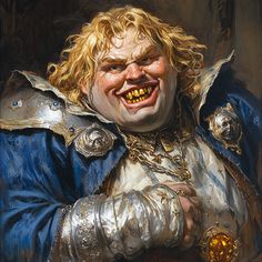 a painting of a man in armor with his mouth open and teeth wide open, smiling