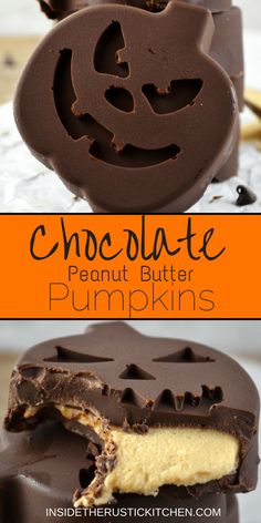 chocolate peanut butter pumpkins are stacked on top of each other