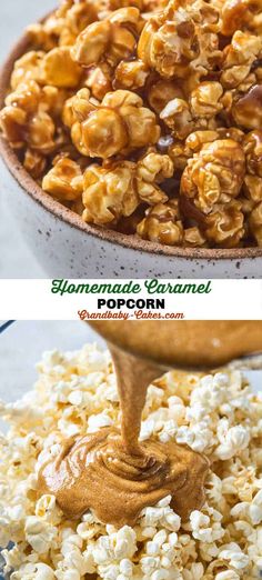 caramel popcorn being drizzled with peanut butter on top and in the bottom