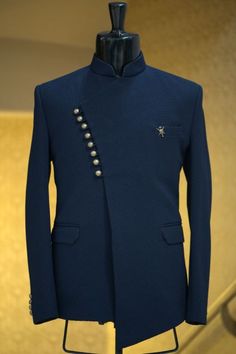 Buy Blue Italian Woven Jodhpuri Suit Online Navy Blazer With Suit Collar For Wedding, Elegant Blue Bandhgala For Workwear, Elegant Blue Bandhgala, Elegant Blue Nehru Jacket For Groom, Tailored Blue Bandhgala For Wedding, Jodhpuri Suit, Wedding Kurta For Men