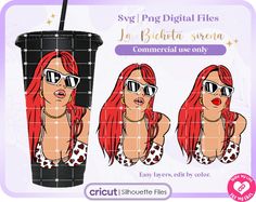 a woman with red hair and sunglasses in front of a coffee cup cut out from paper