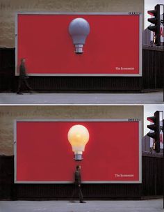 two pictures of a light bulb on the side of a red wall with words below it