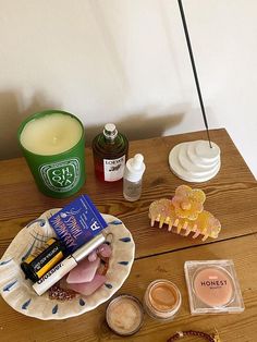 a wooden table topped with different types of items