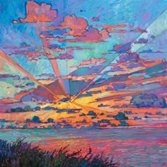 an oil painting of the sun setting over a body of water with clouds in the sky