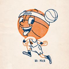 an orange and blue drawing of a basketball player wearing a santa hat with his head in the air