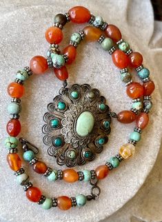 Beautiful old Chinese Silver Filigree Turquoise Carnelian Vintage Necklace Orange Bohemian Jewelry With Cabochon, Bohemian Orange Cabochon Jewelry, Handmade Vintage Round Turquoise Necklace, Vintage Turquoise Necklace With Natural Stones As Gift, Vintage Turquoise Necklace With Natural Stones For Gift, Bohemian Oval Turquoise Necklace With Natural Stones, Handmade Bohemian Chrysoprase Turquoise Necklace, Handmade Bohemian Turquoise Chrysoprase Necklace, Vintage Turquoise Pendant Necklace With Natural Stones