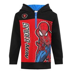 PRICES MAY VARY. Officially licensed Marvel Spiderman hoodie for toddler boys and big kids Made from soft, comfortable polyester material Features Spiderman graphic print on front with web shooter design Long sleeve hooded sweatshirt with kangaroo pocket Machine washable for easy care Officially licensed Marvel Spider-Man boys clothes. Dress your boy in this Spider-Man fleece hoodie for toddlers and big boys. Spider-Man boys clothes, and boys hoodies and sweatshirts. Contains one Spider-Man web Web Shooter Design, Spiderman Graphic, Spiderman Hoodie, Spider Man Web, Pullover Half Zip, Black Hooded Sweatshirt, Spiderman Birthday, Half Sleeve Dresses, Boys Clothes