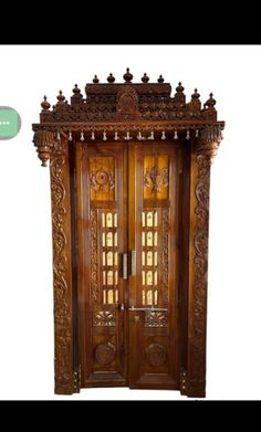 an ornate wooden door with carvings on the front and side panels, is shown in this image