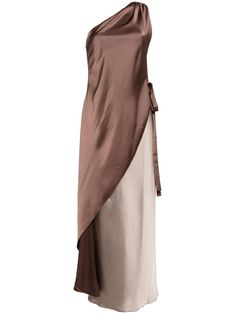 truffle/mocha satin finish concealed side hook and zip fastening one-shoulder layered design asymmetric neck side tie fastening sleeveless floor-length One Shoulder Gown, Asymmetric Neckline, Layered Design, Shoulder Design, Layers Design, Satin Finish, Mocha, Floor Length, Evening Dresses