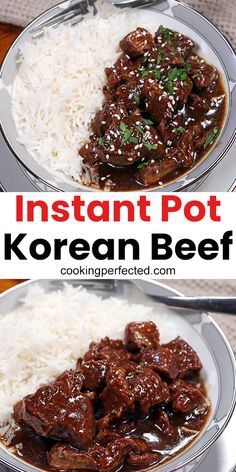 two plates filled with beef and rice on top of each other, in the shape of instant pot korean beef