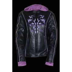 Milwaukee Leather ML2067 Women's 3/4 Black and Purple Leather Hoodie Jacket with Reflective Tribal Design Outside Features Made of Butter Soft Naked Cowhide 1.0mm Thick Leather Front Zipper Closure Embroidered Chest Tribal Design with Colored Contrast Stitching Full Chest, Arm and Shoulder Blacked Out Highly Reflective Piping Ventilation System: 2 Chest Vents, 2 Shoulder Vents and 2 Back Vents All with Zipper Closure Side/Hip Expandable Material Panel for Comfort Movement Lower Back Extension Zi Fitted Hooded Biker Jacket For Spring, Winter Biker Jacket With Double-lined Hood, Fitted Hooded Biker Outerwear, Fitted Biker Outerwear With Hood, Fitted Black Biker Jacket With Double-lined Hood, Fitted Biker Hooded Jacket, Fitted Black Biker Hooded Jacket, Fitted Biker Jacket With Detachable Hood For Streetwear, Fitted Biker Hooded Jacket With Long Sleeves