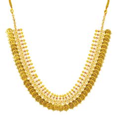 This unique 22k gold jewelry set is just what a woman needs to add a gleaming layer of gold to their looks for a special evening.The 22k yellow gold necklace and matching jhumka earrings have a ultra feminine style and appeal. The vibrant cubic zirconia, rubies, and cultural engravings add a regal feel to this dazzling set.Features• 22K Yellow Gold.• Rubies. • Cubic Zirconia.Specifications• Minimum Necklace Width - 2 millimeters • Maximum Necklace Width - 27 millimeters• Necklace Length - 22 inc