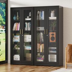 a bookcase with many books in it on a wooden floor next to a window