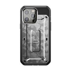 the back of an iphone 11 case with camouflage print on it, in grey and black