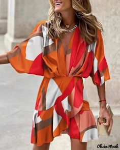 Olivia Mark – Vestido casual con mangas murciélago y dobladillo de volantes en estampado geométrico Para mujer. Buba Styles, Batwing Sleeve Dress, Geo Print Dress, Vestido Casual, Geo Print, Casual Chic Style, Dress Size Chart, Batwing Sleeve, Fashion Summer