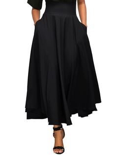 PRICES MAY VARY. Fabric: High waist long skirt is made of good quality soft fabric, breathable, skin-friendly, stretchy, which don't wrinkle, provides you a comfortable feminine touch. Features: Flared long skirt featuring flared design, elastic, high waist, tie knot back, zipped back, flared, a-line, with pockets, long length, perfect to lengthen your legs, the playful long skirt adds more girlish. Match: A-line long skirt is easy to dress ot up or down with your favorite denim jackets, coat, b Rok Midi, Long Skirt Fashion, Umbrella Skirt, Mini Robes, Half Skirt, Maxi Robes, Maxi Skirts, Dress For Short Women, Black Maxi