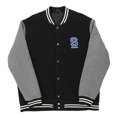 Vintage black Medford Sport-Tek Baseball Jacket - mens xx-large Black Letter Print College Style Outerwear, Black Letter Print Outerwear In College Style, Black Letter Print Outerwear College Style, Collegiate Black Outerwear With Ribbed Cuffs, Collegiate Black Varsity Jacket With Ribbed Cuffs, Black Collegiate Varsity Jacket With Ribbed Cuffs, Black Long Sleeve Varsity Jacket For Baseball Season, Black Crew Neck Varsity Jacket For Winter, Black Winter Varsity Jacket