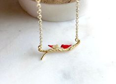 ♥️ Male and Female Cardinal Grandparents Necklace 🕊 ❤️ When Cardinals appear, angels are near 😇 ♥️These skittish beautiful birds are said to spiritually signify a passed love one stopping in to check on you and say Hi👋🏼 At my studio in western New York, I sometimes happen to see one or two between 5-7 PM. ♥️The bird pendant is gold plating over a base of brass, and very durable. It looks fine but the links of this chain are soldered shut. I hand painted the cardinals and sealed them to resis Red Necklace For Christmas Anniversary, Cardinal Jewelry, Cardinal Necklace, Female Cardinal, Delicate Gold Necklace, Jewelry Delicate, Tiny Charm, Bird Charm, Bird Necklace