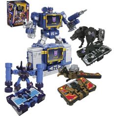 an assortment of toys including a robot and vehicle