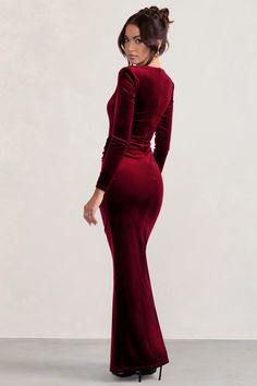 Elegant Long Sleeve Ruched Velvet Dress, Long Sleeve Ruched Velvet Evening Dress, Fitted Long Sleeve Ruched Evening Dress, Ruched Long Sleeve Velvet Evening Dress, Ruched Long Sleeve Maxi Dress With Fitted Bodice, Long Sleeve Ruched Evening Dress, Velvet Ruched Dress For Gala, Fall Maxi Dress With Fitted Bodice, Ruched Velvet Gala Dress