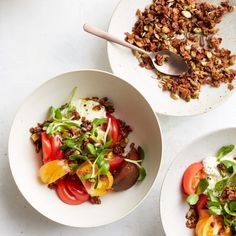 three bowls filled with different types of food on top of a white countertop next to each other