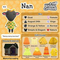 an animal crossing card with animals and clothing on it's front page, including the name