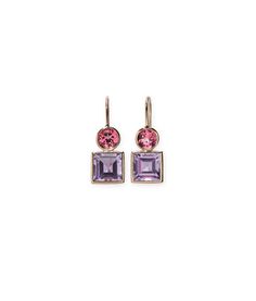 14k Pastille Earrings in Pink Topaz & Amethyst. Fine gold earwires with faceted round pink and square purple stones. Square Stone Earrings, Gemstone Drop Earrings, Lizzie Fortunato, Square Stone, Pink Topaz, Unique Jewelry Designs, Jewelry Unique, Purple Amethyst, Stone Earrings