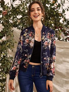 Multicolor Casual  Long Sleeve Polyester Floral Bomber Embellished Non-Stretch Spring/Fall Women Outerwear Floral Jackets For Women, Floral Jacket Outfit, Business Formal Dress, Formal Dresses Gowns, Long Sleeve Outerwear, Floral Jacket, Casual Vest, Ring Der O, Professional Dresses