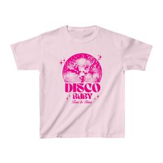 This Disco Baby Baby Tee is the perfect gift for any woman looking to shine. Made with 100% cotton, it combines style and comfort for a unique and fashionable look. Show off your disco spirit with the Disco Baby Baby Tee. Trendy Funny Print T-shirt For Parties, Casual Pink Tops For Party Season, Party Cotton Tops With Screen Print, Party Top With Letter Print In Cotton, Cotton Letter Print Party Top, Fitted Cotton T-shirt For Party, Cotton Party Tops With Letter Print, Cotton Tops With Letter Print For Party, Fun Graphic Print T-shirt For Party