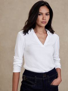 Ribbed Polo T-Shirt | Banana Republic Factory Fitted V-neck Polo Shirt For Workwear, Relaxed Fit V-neck T-shirt For Work, Classic Cotton V-neck Shirt, V-neck T-shirt For Work, Classic V-neck Cotton Shirt, Casual White V-neck Top For Work, White V-neck Top With Seamless Collar, White Seamless Collar Top For Workwear, White Seamless Collar Top For Work