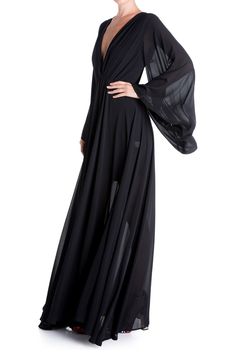 Dreamy bell sleeves bring an ethereal energy to this vibrant V-neck maxi dress. 35" length (size Small) V-neck Long sleeves Slips on over head Lined 96% polyester, 4% spandex Dry clean only Imported Model stats: 5'10" height, 32" bust, 25" waist, 36" hip. Model is wearing size Small. Runway Gowns, Jet Black Color, Black Dress With Sleeves, Sheer Chiffon, Bell Sleeve Dress, Long Sleeve Maxi, Flowy Dress, Black Maxi Dress, Long Sleeve Maxi Dress