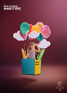 a woman sitting in a book with balloons floating out of her head and the words back to school make it epic